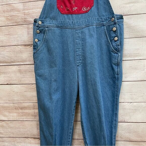 VINTAGE MANDAL BAY DENIM OVERALLS WITH RED BANDANA PRINT TRIM - Picture 4 of 10
